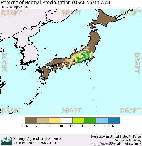 Japan Percent of Normal Precipitation (USAF 557th WW) Thematic Map For 3/28/2022 - 4/3/2022