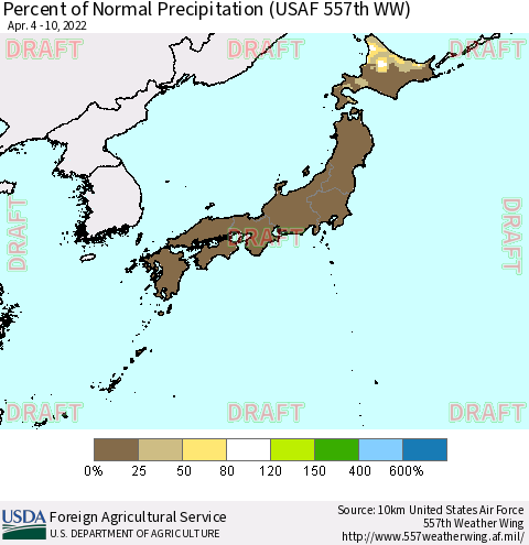 Japan Percent of Normal Precipitation (USAF 557th WW) Thematic Map For 4/4/2022 - 4/10/2022