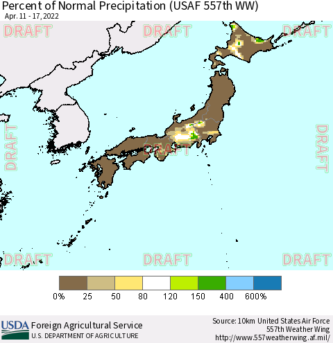 Japan Percent of Normal Precipitation (USAF 557th WW) Thematic Map For 4/11/2022 - 4/17/2022