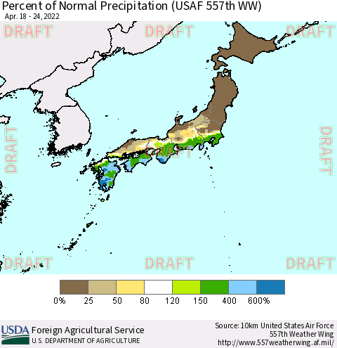 Japan Percent of Normal Precipitation (USAF 557th WW) Thematic Map For 4/18/2022 - 4/24/2022