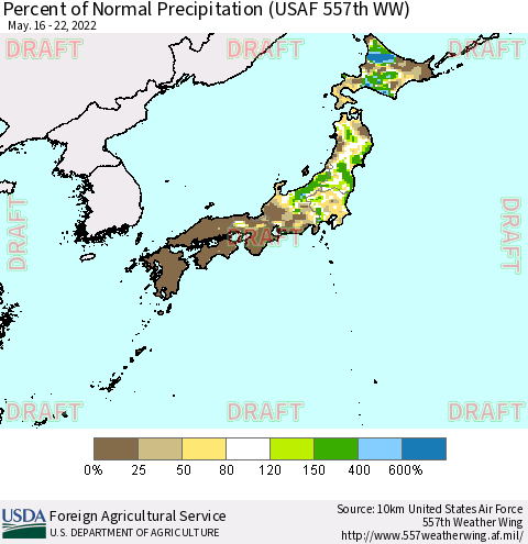 Japan Percent of Normal Precipitation (USAF 557th WW) Thematic Map For 5/16/2022 - 5/22/2022