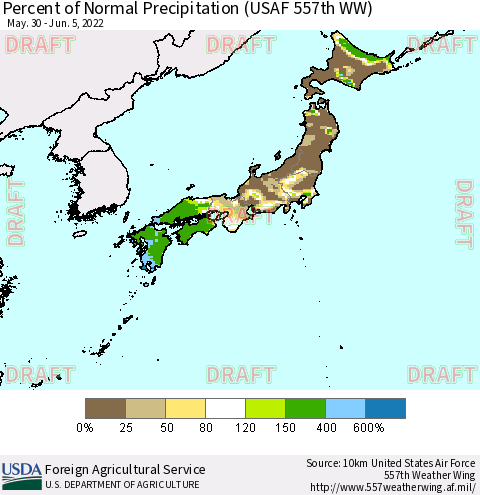 Japan Percent of Normal Precipitation (USAF 557th WW) Thematic Map For 5/30/2022 - 6/5/2022