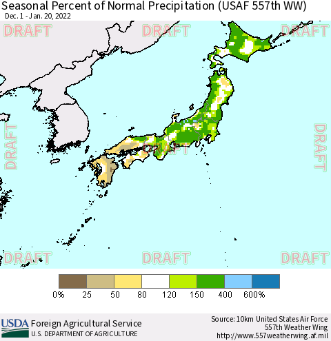 Japan Seasonal Percent of Normal Precipitation (USAF 557th WW) Thematic Map For 12/1/2021 - 1/20/2022