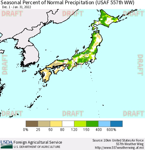 Japan Seasonal Percent of Normal Precipitation (USAF 557th WW) Thematic Map For 12/1/2021 - 1/31/2022