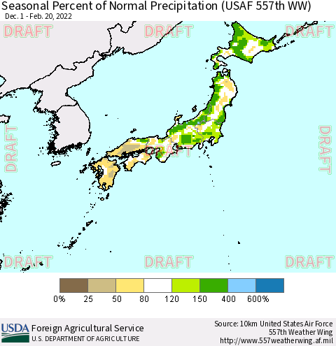 Japan Seasonal Percent of Normal Precipitation (USAF 557th WW) Thematic Map For 12/1/2021 - 2/20/2022