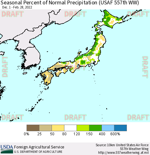 Japan Seasonal Percent of Normal Precipitation (USAF 557th WW) Thematic Map For 12/1/2021 - 2/28/2022