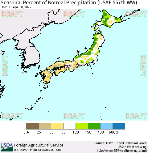 Japan Seasonal Percent of Normal Precipitation (USAF 557th WW) Thematic Map For 12/1/2021 - 4/10/2022