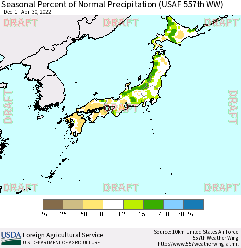 Japan Seasonal Percent of Normal Precipitation (USAF 557th WW) Thematic Map For 12/1/2021 - 4/30/2022