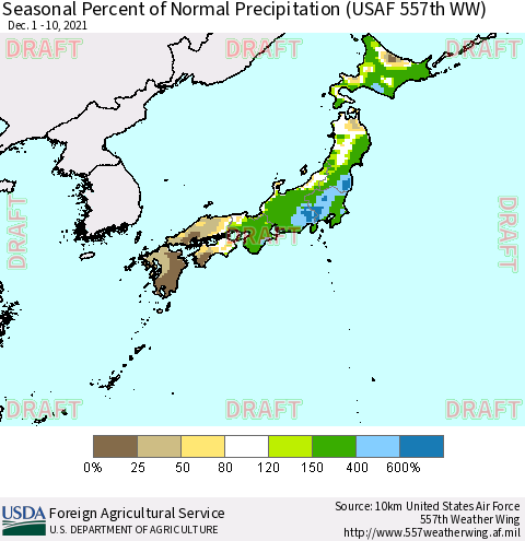 Japan Seasonal Percent of Normal Precipitation (USAF 557th WW) Thematic Map For 12/1/2021 - 12/10/2021