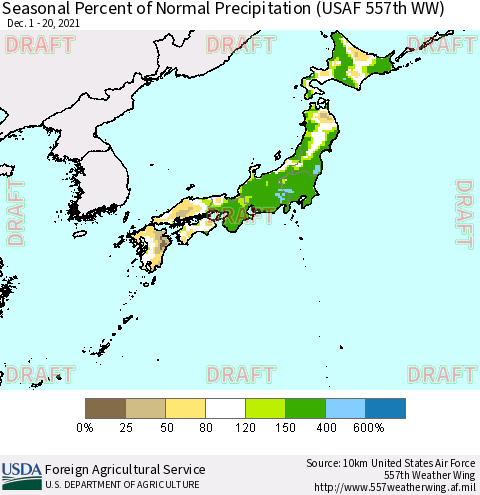 Japan Seasonal Percent of Normal Precipitation (USAF 557th WW) Thematic Map For 12/1/2021 - 12/20/2021