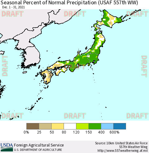 Japan Seasonal Percent of Normal Precipitation (USAF 557th WW) Thematic Map For 12/1/2021 - 12/31/2021