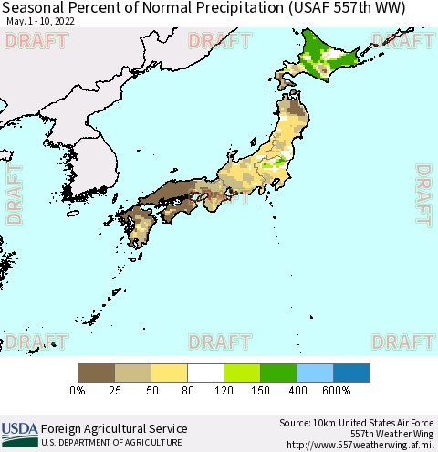 Japan Seasonal Percent of Normal Precipitation (USAF 557th WW) Thematic Map For 5/1/2022 - 5/10/2022