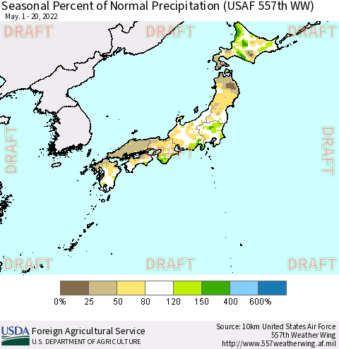 Japan Seasonal Percent of Normal Precipitation (USAF 557th WW) Thematic Map For 5/1/2022 - 5/20/2022