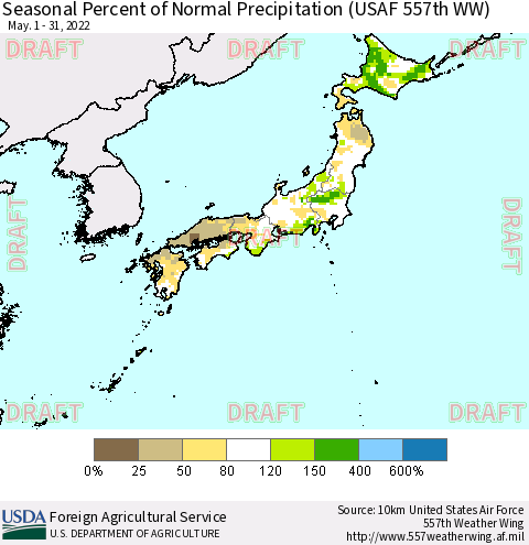 Japan Seasonal Percent of Normal Precipitation (USAF 557th WW) Thematic Map For 5/1/2022 - 5/31/2022