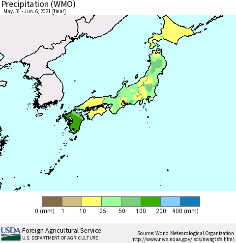 Japan Precipitation (WMO) Thematic Map For 5/31/2021 - 6/6/2021