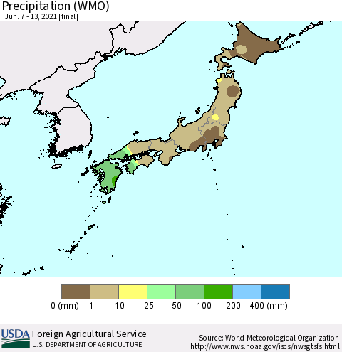 Japan Precipitation (WMO) Thematic Map For 6/7/2021 - 6/13/2021