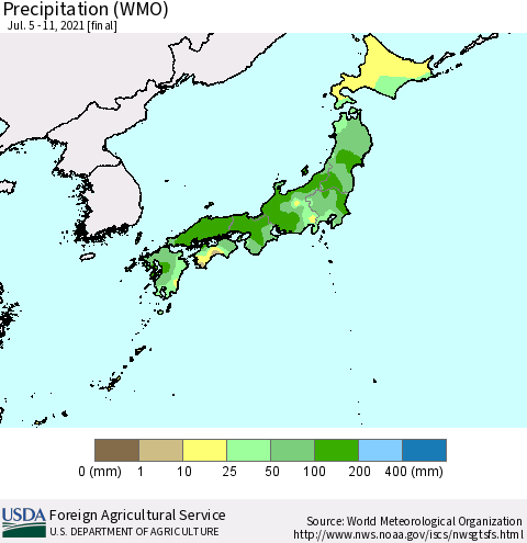 Japan Precipitation (WMO) Thematic Map For 7/5/2021 - 7/11/2021