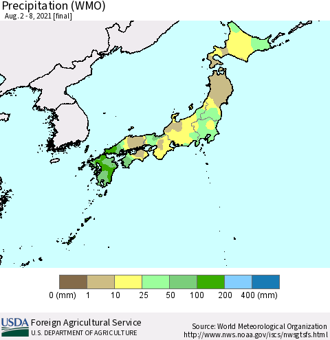Japan Precipitation (WMO) Thematic Map For 8/2/2021 - 8/8/2021