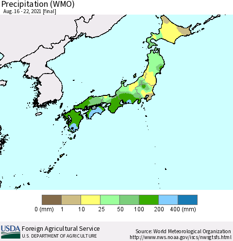 Japan Precipitation (WMO) Thematic Map For 8/16/2021 - 8/22/2021