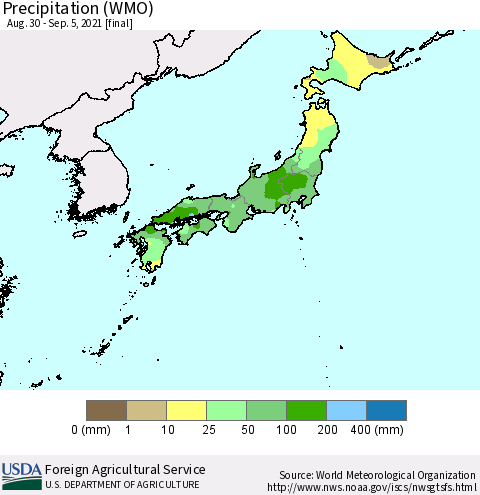 Japan Precipitation (WMO) Thematic Map For 8/30/2021 - 9/5/2021