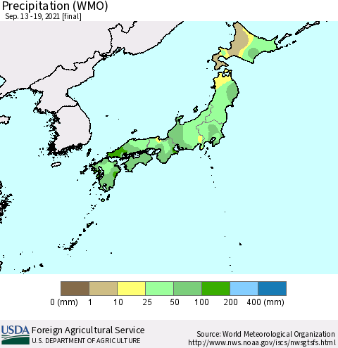 Japan Precipitation (WMO) Thematic Map For 9/13/2021 - 9/19/2021