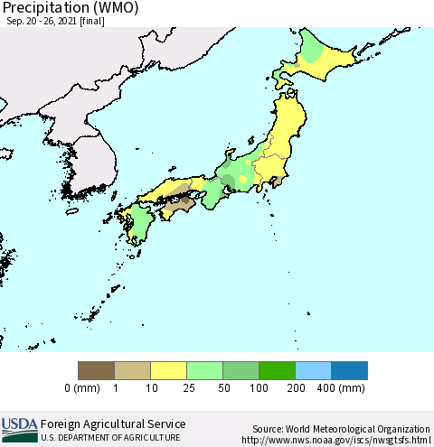 Japan Precipitation (WMO) Thematic Map For 9/20/2021 - 9/26/2021
