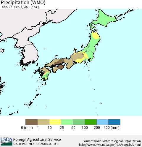 Japan Precipitation (WMO) Thematic Map For 9/27/2021 - 10/3/2021