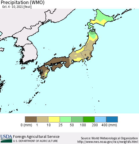 Japan Precipitation (WMO) Thematic Map For 10/4/2021 - 10/10/2021