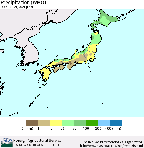 Japan Precipitation (WMO) Thematic Map For 10/18/2021 - 10/24/2021
