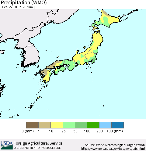 Japan Precipitation (WMO) Thematic Map For 10/25/2021 - 10/31/2021