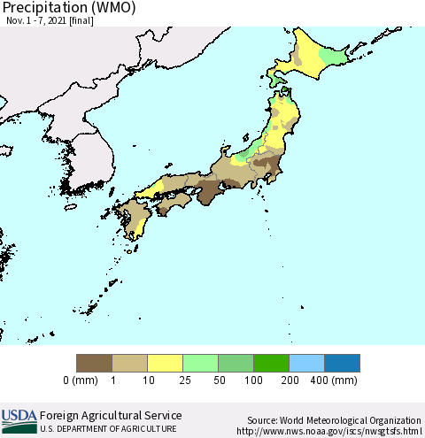 Japan Precipitation (WMO) Thematic Map For 11/1/2021 - 11/7/2021