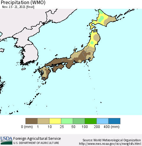 Japan Precipitation (WMO) Thematic Map For 11/15/2021 - 11/21/2021