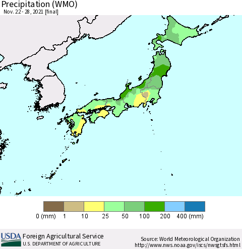 Japan Precipitation (WMO) Thematic Map For 11/22/2021 - 11/28/2021