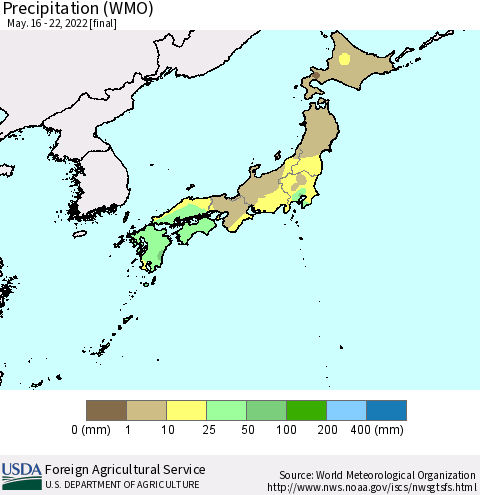 Japan Precipitation (WMO) Thematic Map For 5/16/2022 - 5/22/2022