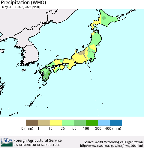 Japan Precipitation (WMO) Thematic Map For 5/30/2022 - 6/5/2022