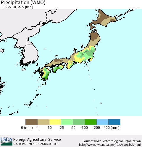 Japan Precipitation (WMO) Thematic Map For 7/25/2022 - 7/31/2022