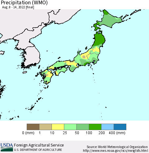 Japan Precipitation (WMO) Thematic Map For 8/8/2022 - 8/14/2022