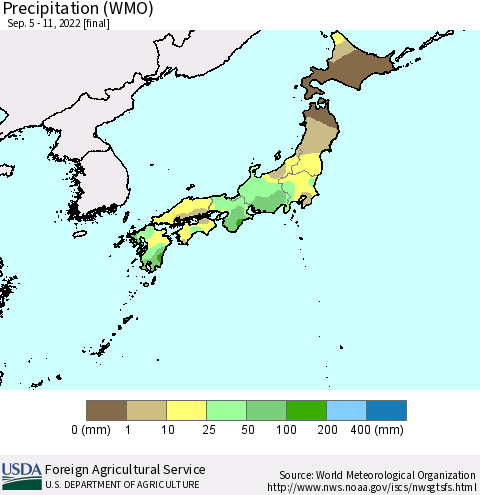 Japan Precipitation (WMO) Thematic Map For 9/5/2022 - 9/11/2022