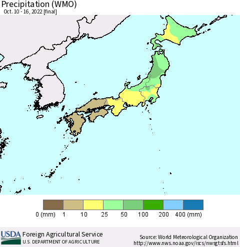 Japan Precipitation (WMO) Thematic Map For 10/10/2022 - 10/16/2022
