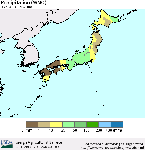 Japan Precipitation (WMO) Thematic Map For 10/24/2022 - 10/30/2022