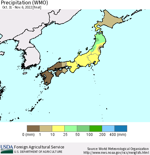 Japan Precipitation (WMO) Thematic Map For 10/31/2022 - 11/6/2022
