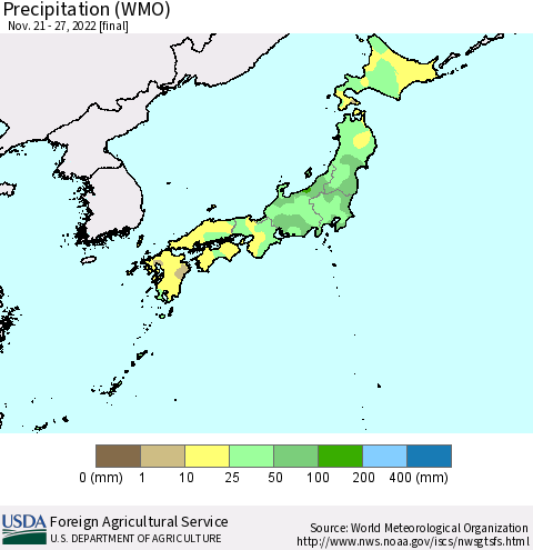 Japan Precipitation (WMO) Thematic Map For 11/21/2022 - 11/27/2022