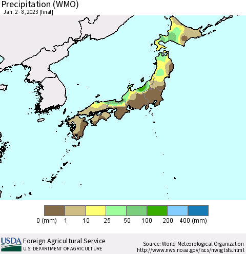 Japan Precipitation (WMO) Thematic Map For 1/2/2023 - 1/8/2023
