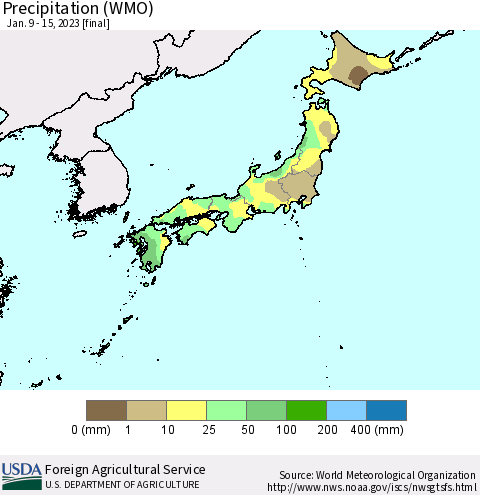 Japan Precipitation (WMO) Thematic Map For 1/9/2023 - 1/15/2023