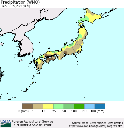 Japan Precipitation (WMO) Thematic Map For 1/16/2023 - 1/22/2023