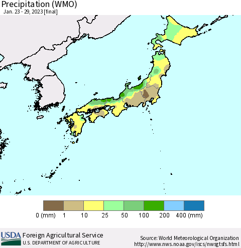 Japan Precipitation (WMO) Thematic Map For 1/23/2023 - 1/29/2023
