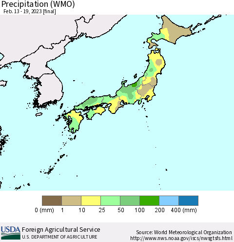 Japan Precipitation (WMO) Thematic Map For 2/13/2023 - 2/19/2023