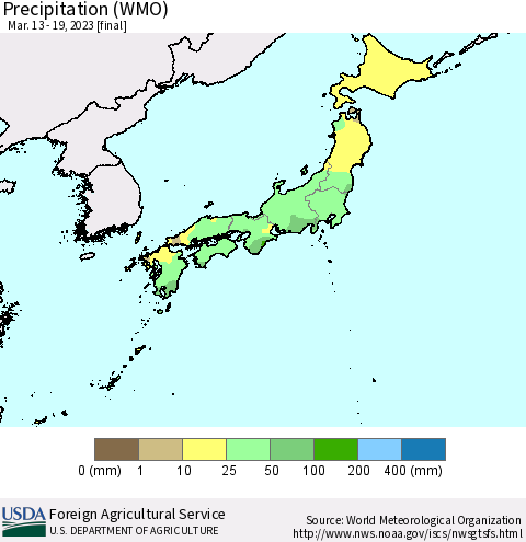 Japan Precipitation (WMO) Thematic Map For 3/13/2023 - 3/19/2023