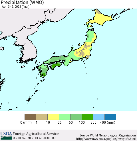 Japan Precipitation (WMO) Thematic Map For 4/3/2023 - 4/9/2023