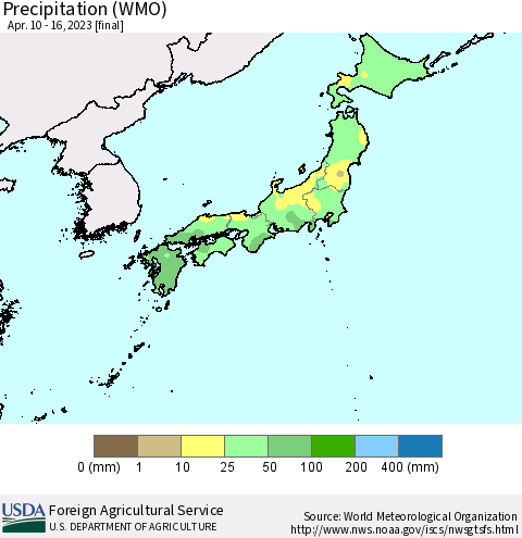 Japan Precipitation (WMO) Thematic Map For 4/10/2023 - 4/16/2023